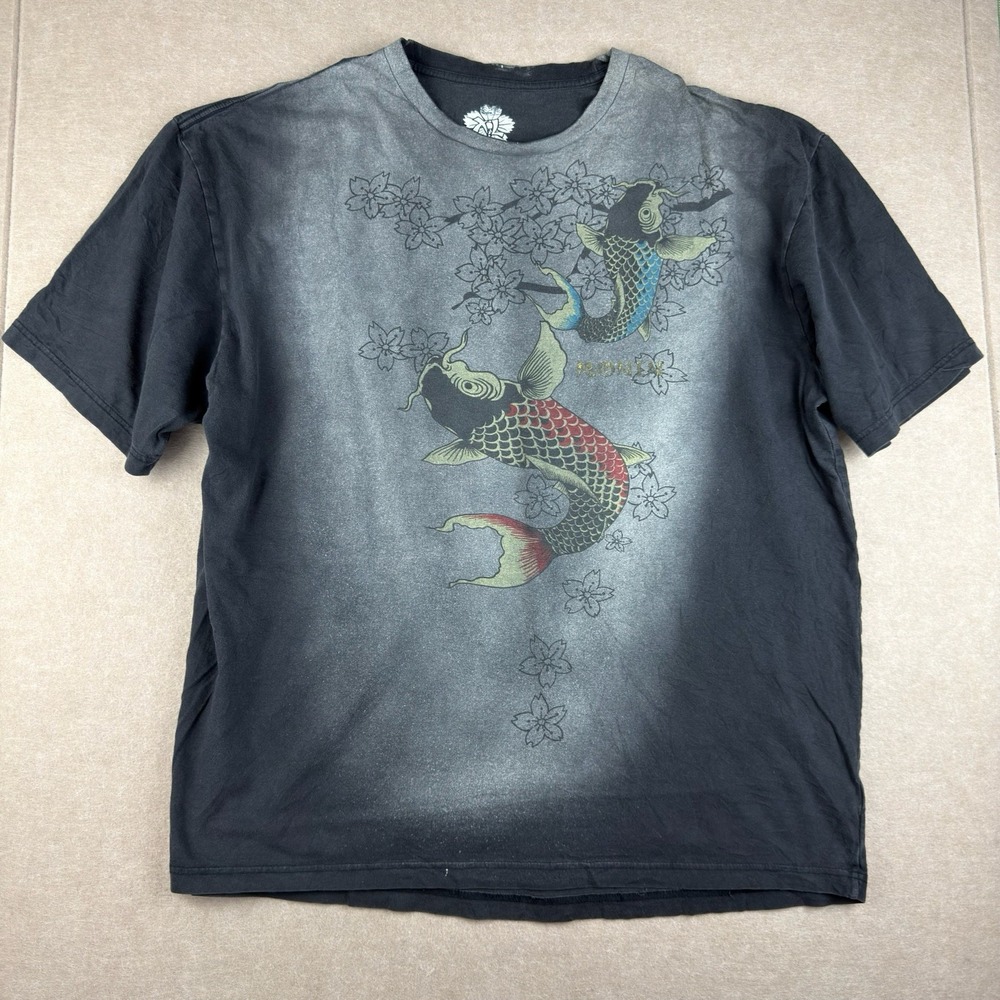 Ronin T-Shirt‎ Men's XL Black Koi Fish Cherry Blossom Graphic Double Sided
